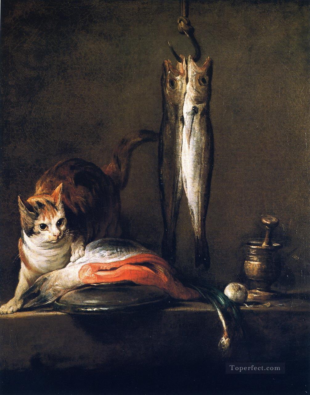 Cat with Salmon Two Mackerel Pestle and Mortar Jean Baptiste Simeon Chardin Oil Paintings
